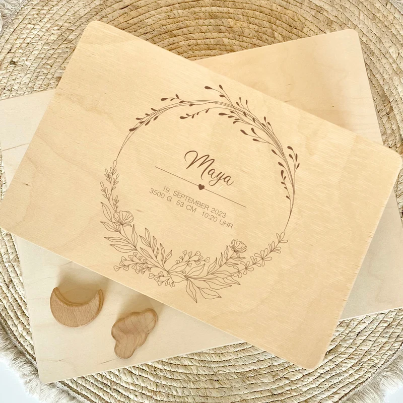 Erinnerungsbox aus Holz, Personalisierte Holzkiste für Babys zur Geburt mit Geburtsdaten