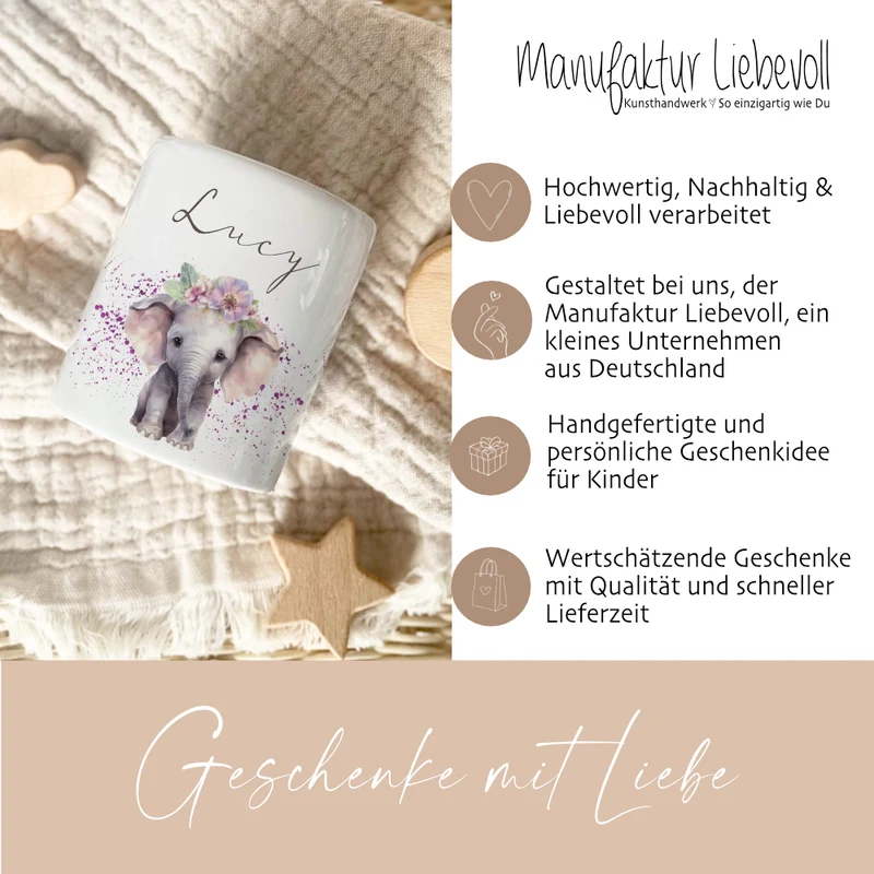 Spardose "Elefant" mit Namen für Mädchen | Geschenk für Kinder | Personalisiertes Geldgeschenk I Geschenkidee zum Geburtstag | 10 Motive zur Auswahl