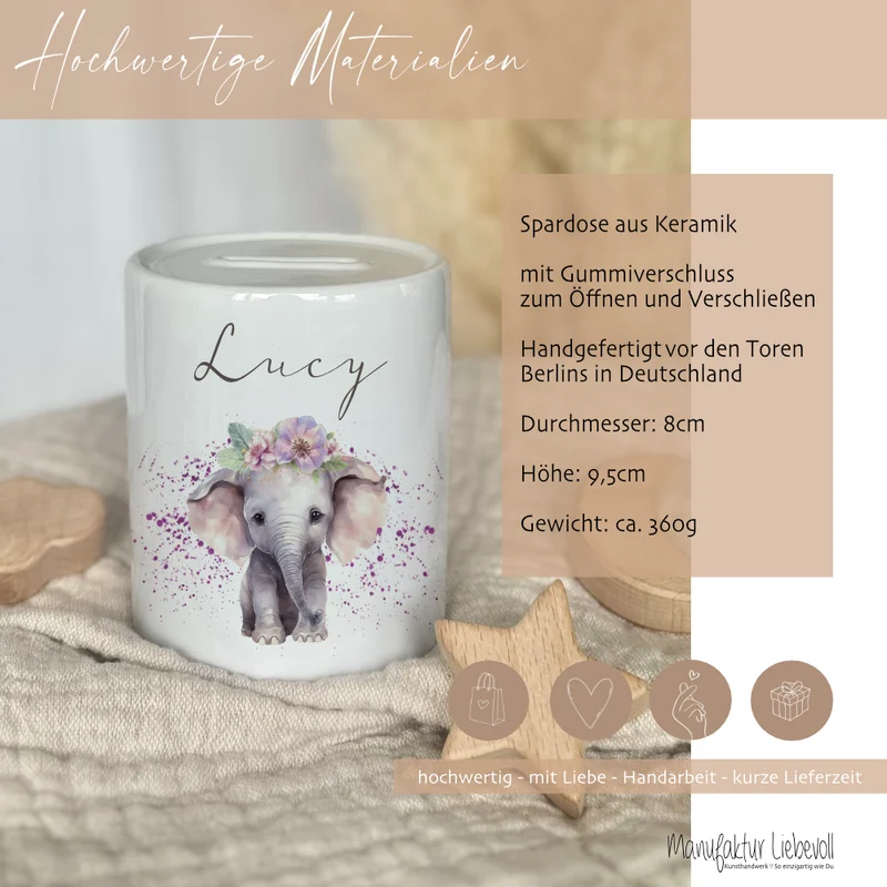 Spardose "Elefant" mit Namen für Mädchen | Geschenk für Kinder | Personalisiertes Geldgeschenk I Geschenkidee zum Geburtstag | 10 Motive zur Auswahl