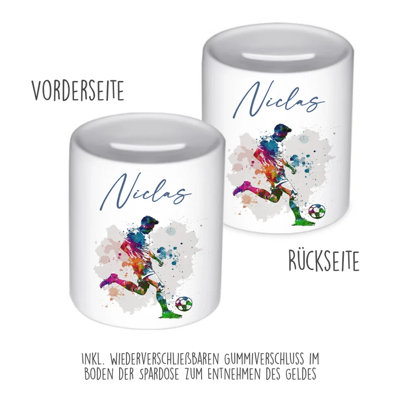 Spardose "Fußball" mit Namen für Jungen | Geschenk für Kinder Teenager | Personalisiertes Geldgeschenk I Geschenkidee zum Geburtstag | 10 Motive zur Auswahl