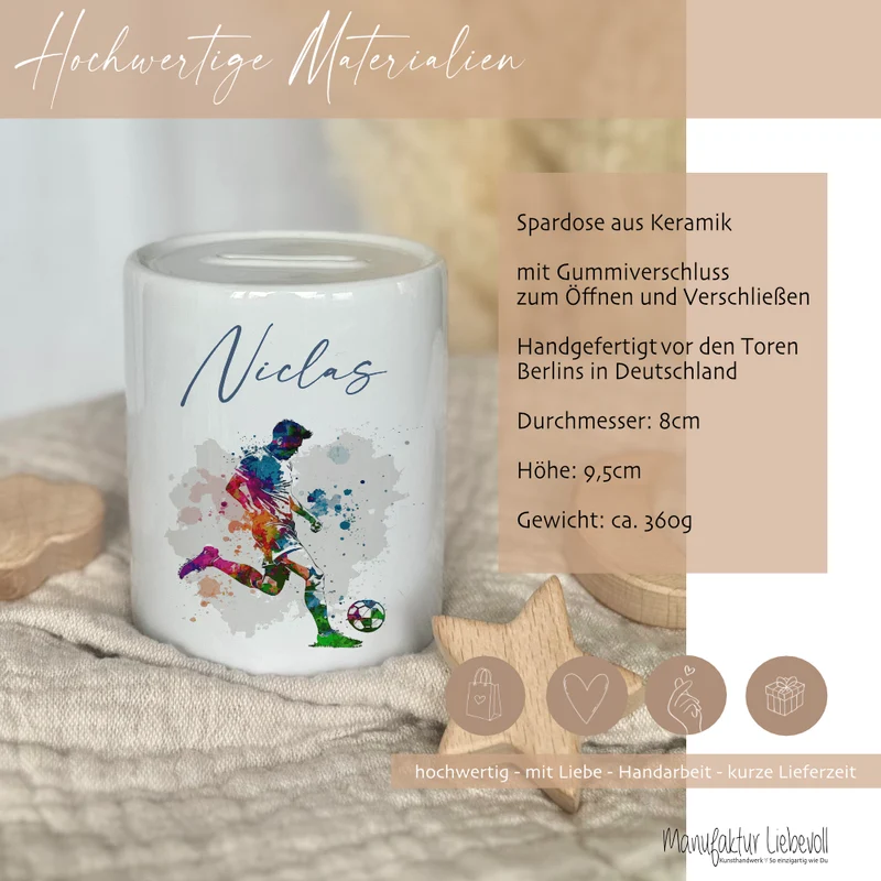 Spardose "Fußball" mit Namen für Jungen | Geschenk für Kinder Teenager | Personalisiertes Geldgeschenk I Geschenkidee zum Geburtstag | 10 Motive zur Auswahl