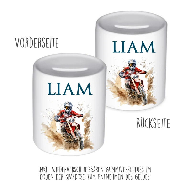 Spardose "Motorrad" mit Namen für Jungen | Geschenk für Kinder Teenager | Personalisiertes Geldgeschenk I Geschenkidee zum Geburtstag | 10 Motive zur Auswahl