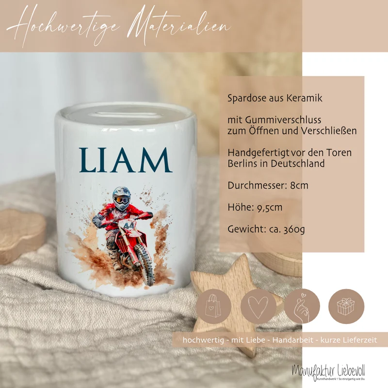Spardose "Motorrad" mit Namen für Jungen | Geschenk für Kinder Teenager | Personalisiertes Geldgeschenk I Geschenkidee zum Geburtstag | 10 Motive zur Auswahl