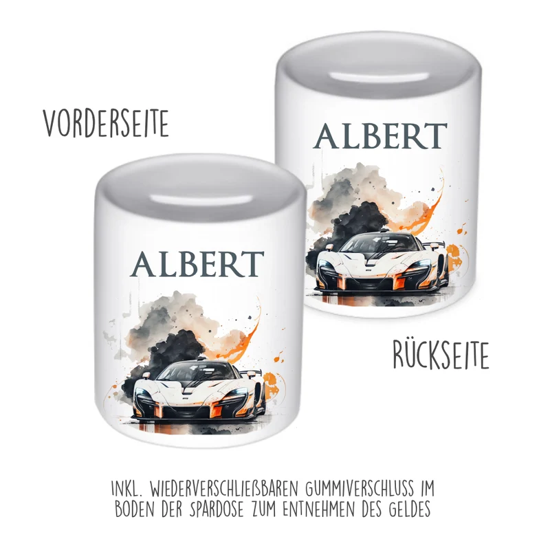 Spardose "Rennauto" mit Namen für Jungen | Geschenk für Kinder Teenager | Personalisiertes Geldgeschenk I Geschenkidee zum Geburtstag | 10 Motive zur Auswahl
