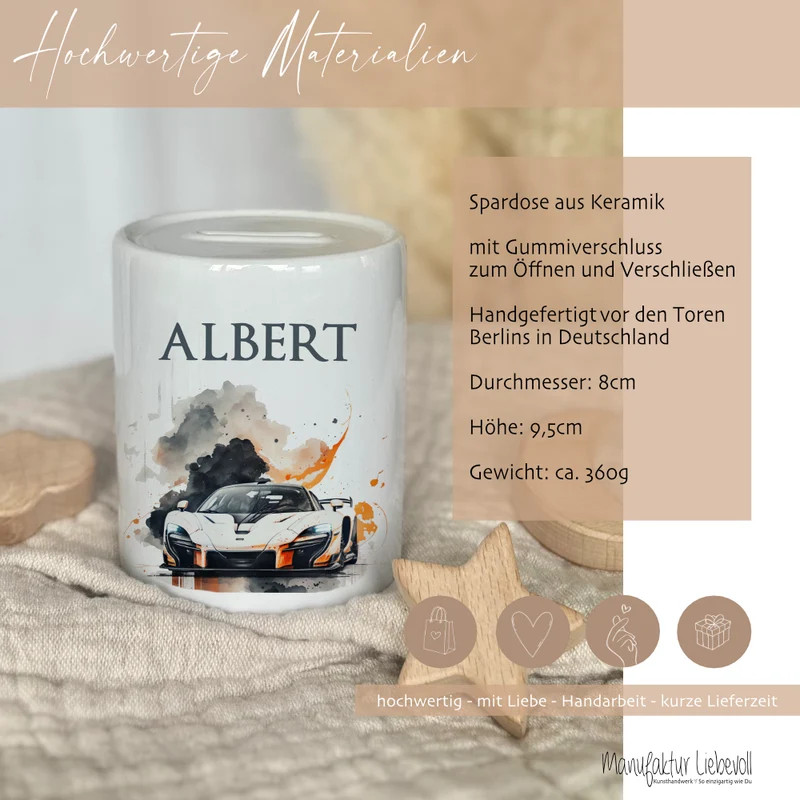 Spardose "Rennauto" mit Namen für Jungen | Geschenk für Kinder Teenager | Personalisiertes Geldgeschenk I Geschenkidee zum Geburtstag | 10 Motive zur Auswahl
