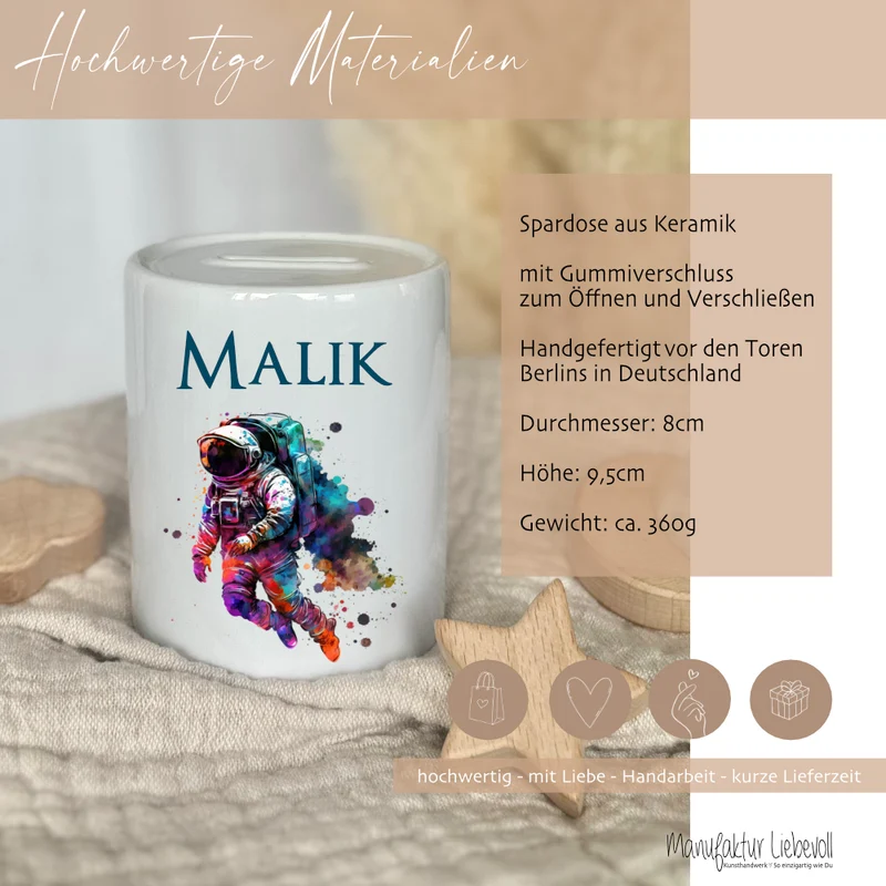 Spardose "Astronaut" mit Namen für Jungen | Geschenk für Kinder Teenager | Personalisiertes Geldgeschenk I Geschenkidee zum Geburtstag | 10 Motive zur Auswahl