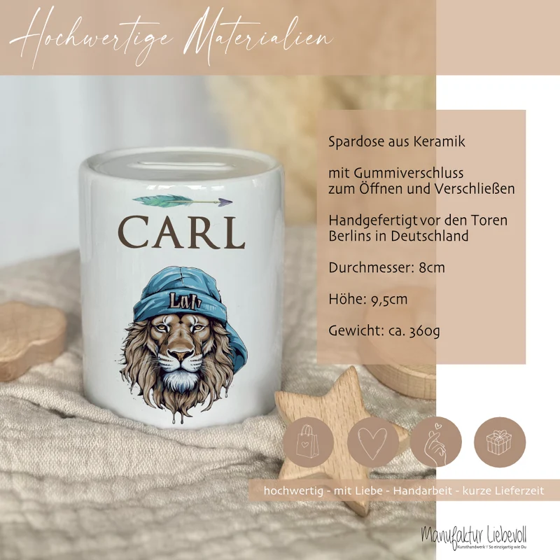 Spardose "Löwe" mit Namen für Jungen | Geschenk für Kinder Teenager | Personalisiertes Geldgeschenk I Geschenkidee zum Geburtstag | 10 Motive zur Auswahl