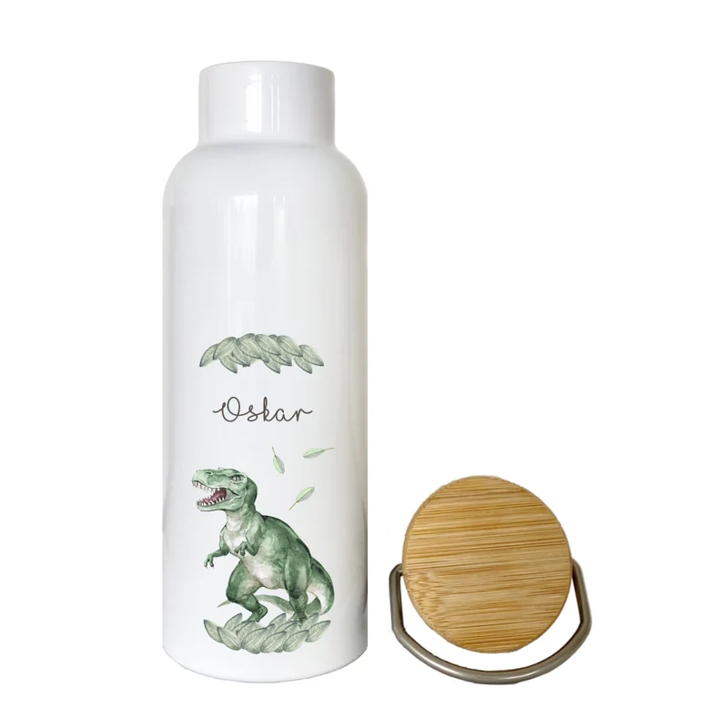 Trinkflasche mit Dino u. Namen für Kinder | Personalisiertes Geschenk für Mädchen u. Jungen mit Dinosaurier| 500 ml Isolierflasche aus Edelstahl mit Bambusdeckel | Als Set verfügbar mit Brotdose