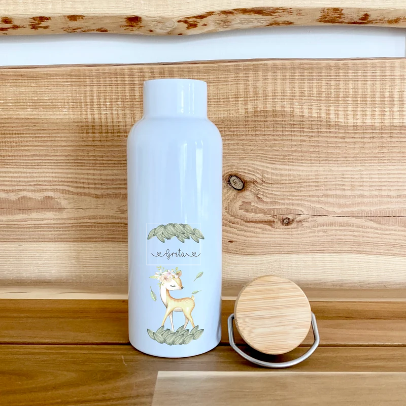 Trinkflasche mit mit Reh u. Namen für Kinder | Personalisiertes Geschenk für Mädchen | 500 ml Isolierflasche aus Edelstahl mit Bambusdeckel | Als Set verfügbar mit Brotdose