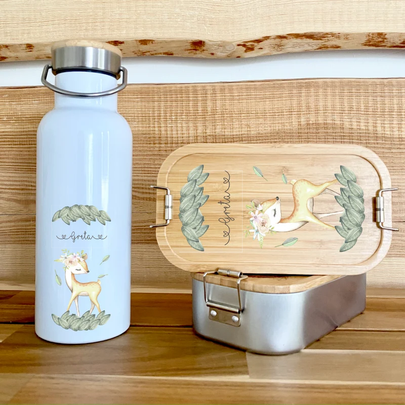 Trinkflasche mit mit Reh u. Namen für Kinder | Personalisiertes Geschenk für Mädchen | 500 ml Isolierflasche aus Edelstahl mit Bambusdeckel | Als Set verfügbar mit Brotdose