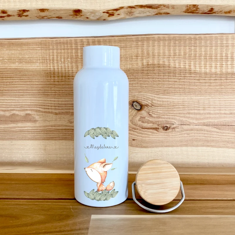 Trinkflasche mit Fuchs u. Namen für Kinder | Personalisiertes Geschenk für Mädchen u. Jungen | 500 ml Isolierflasche aus Edelstahl mit Bambusdeckel | Als Set verfügbar mit Brotdose