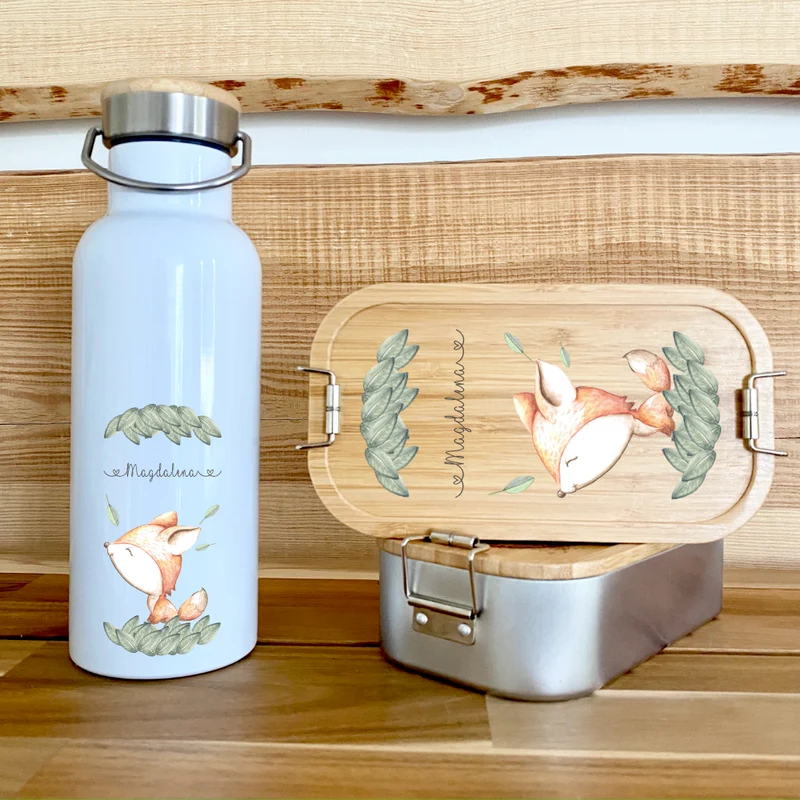 Trinkflasche mit Fuchs u. Namen für Kinder | Personalisiertes Geschenk für Mädchen u. Jungen | 500 ml Isolierflasche aus Edelstahl mit Bambusdeckel | Als Set verfügbar mit Brotdose