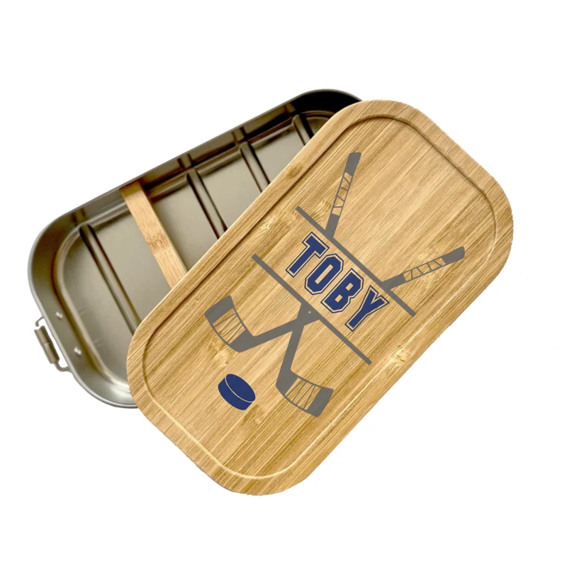 Brotdose "Eishockey" mit Bambusdeckel und Namen für Jungen, Mädchen und Teenager | Lunchbox mit Eishockey Motiv für Kinder, Jugendliche | Personalisierte Geschenkidee zum Sport