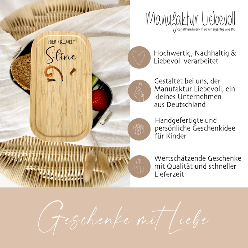 Lunchbox "Affe" wählbar in Edelstahl mit Bambusdeckel und Namen für Kinder | Brotdose mit Affenmotiv | Personalisiertes Geschenk für Kinder