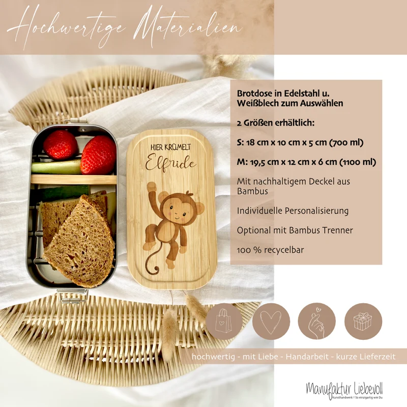 Brotdose "Affe" wählbar in Edelstahl mit Bambusdeckel und Namen für Kinder | Lunchbox mit Affemotiv | Personalisiertes Geschenk für Kinder