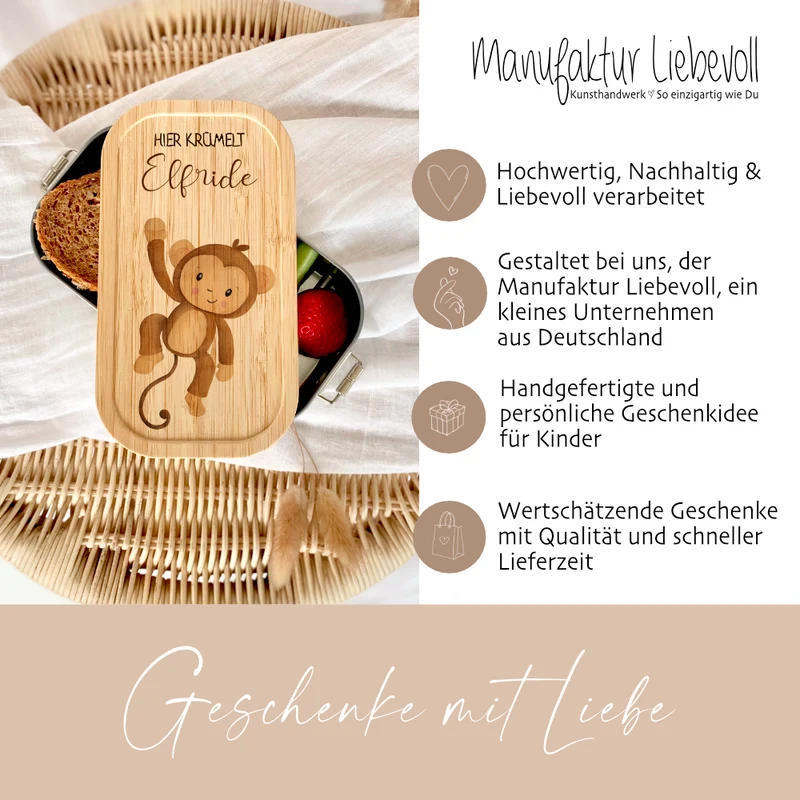 Brotdose "Affe" wählbar in Edelstahl mit Bambusdeckel und Namen für Kinder | Lunchbox mit Affemotiv | Personalisiertes Geschenk für Kinder