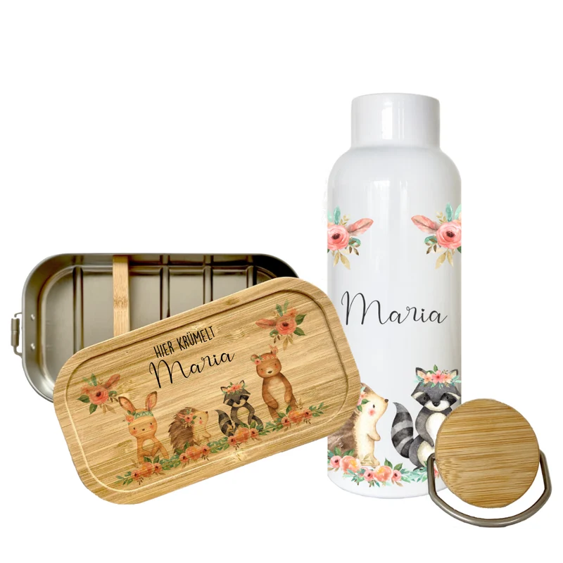 Trinkflasche u. Brotdose "Boho Tiere" mit Namen für Kinder | Personalisiertes Geschenk | 500 ml Wasserflasche aus Edelstahl mit Bambusdeckel