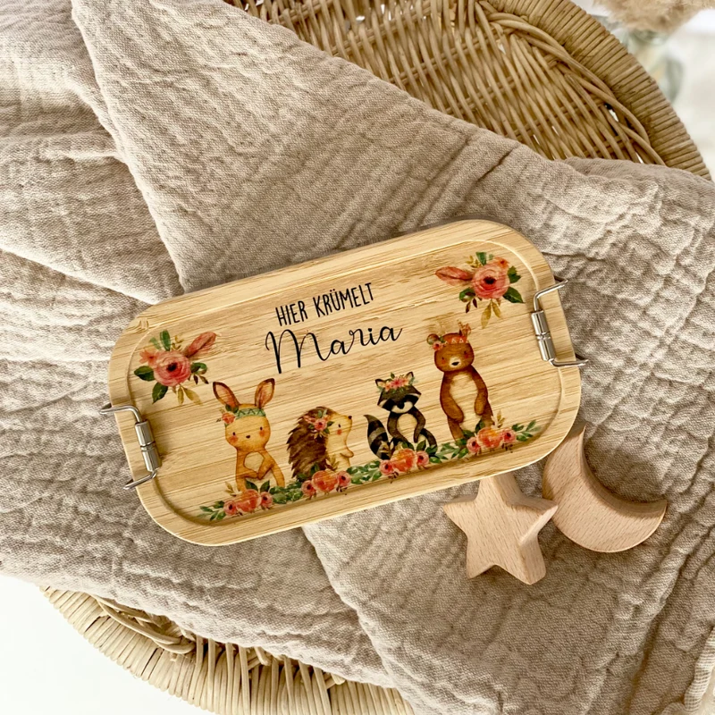 Trinkflasche u. Brotdose "Boho Tiere" mit Namen für Kinder | Personalisiertes Geschenk | 500 ml Wasserflasche aus Edelstahl mit Bambusdeckel