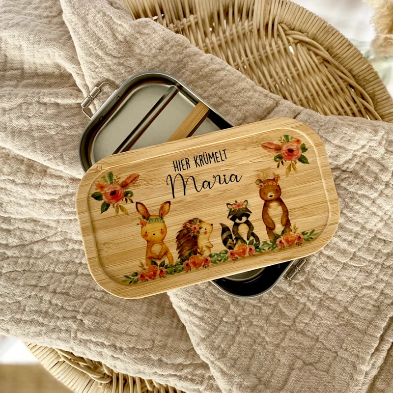 Trinkflasche u. Brotdose "Boho Tiere" mit Namen für Kinder | Personalisiertes Geschenk | 500 ml Wasserflasche aus Edelstahl mit Bambusdeckel