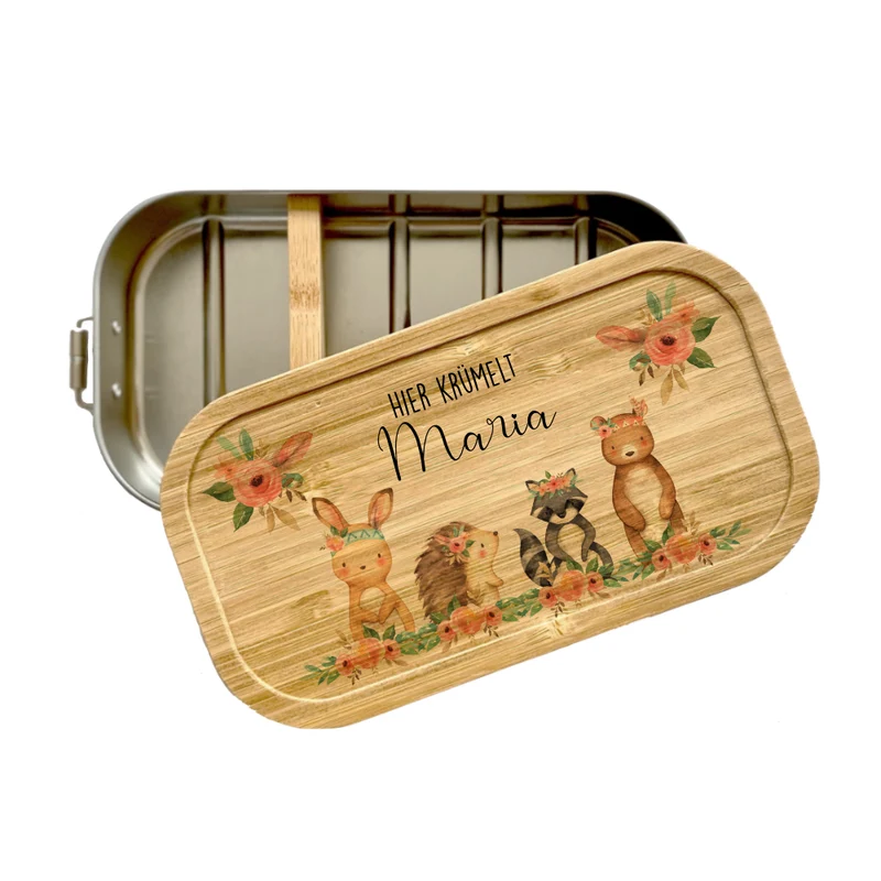 Trinkflasche u. Brotdose "Boho Tiere" mit Namen für Kinder | Personalisiertes Geschenk | 500 ml Wasserflasche aus Edelstahl mit Bambusdeckel