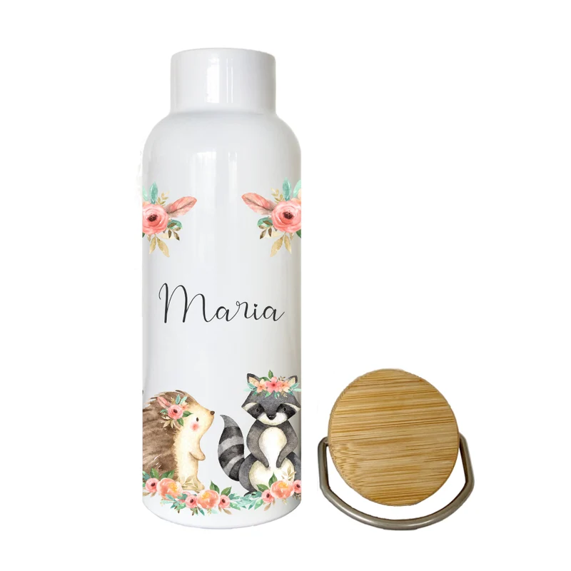 Trinkflasche u. Brotdose "Boho Tiere" mit Namen für Kinder | Personalisiertes Geschenk | 500 ml Wasserflasche aus Edelstahl mit Bambusdeckel