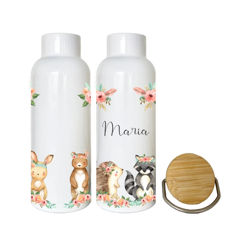 Trinkflasche u. Brotdose "Boho Tiere" mit Namen für Kinder | Personalisiertes Geschenk | 500 ml Wasserflasche aus Edelstahl mit Bambusdeckel