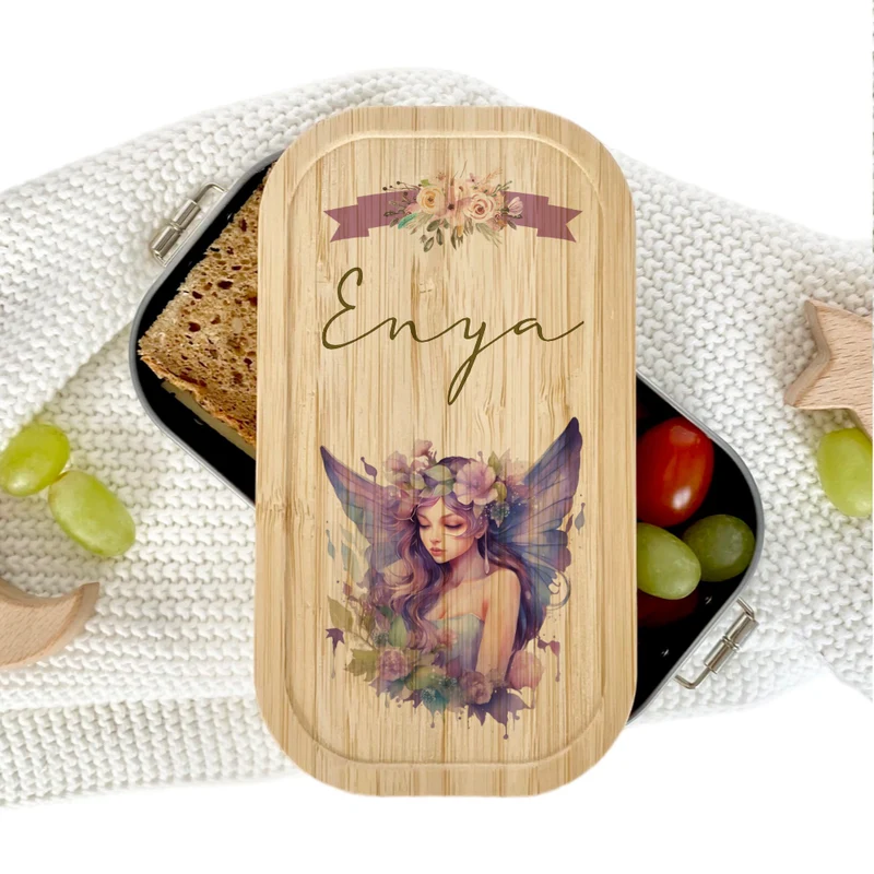 Brotdose "Fee" wählbar in Edelstahl mit Bambusdeckel und Namen für Mädchen | Brotbox Elfe | Personalisiertes Geschenk für Kinder