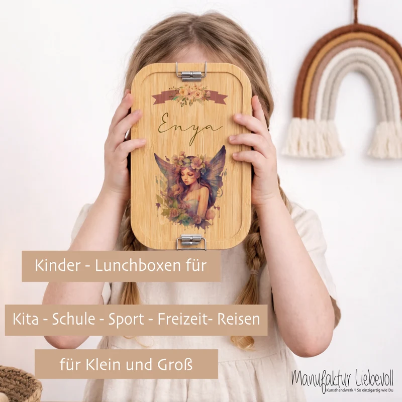 Brotdose "Fee" wählbar in Edelstahl mit Bambusdeckel und Namen für Mädchen | Brotbox Elfe | Personalisiertes Geschenk für Kinder