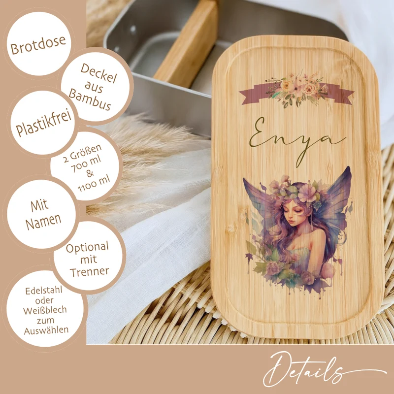 Brotdose "Fee" wählbar in Edelstahl mit Bambusdeckel und Namen für Mädchen | Brotbox Elfe | Personalisiertes Geschenk für Kinder