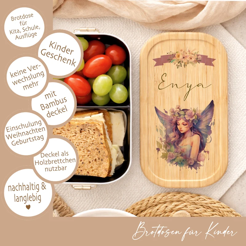 Brotdose "Fee" wählbar in Edelstahl mit Bambusdeckel und Namen für Mädchen | Brotbox Elfe | Personalisiertes Geschenk für Kinder