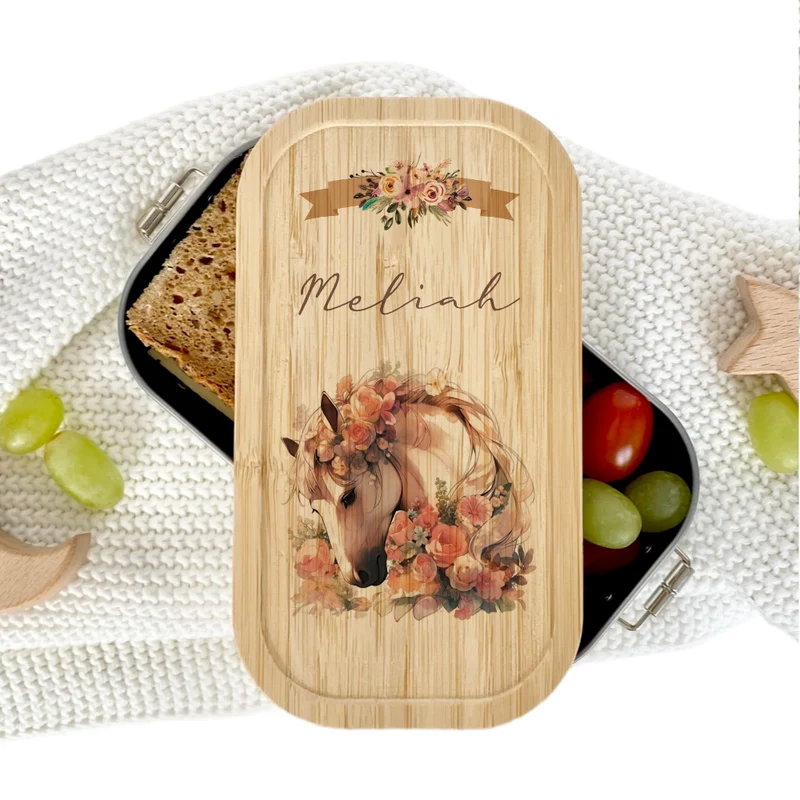 Lunchbox "Pony Pferd" wählbar in Edelstahl mit Bambusdeckel und Namen für Mädchen | Brotdose Pferdemädchen | Personalisiertes Geschenk für Kinder