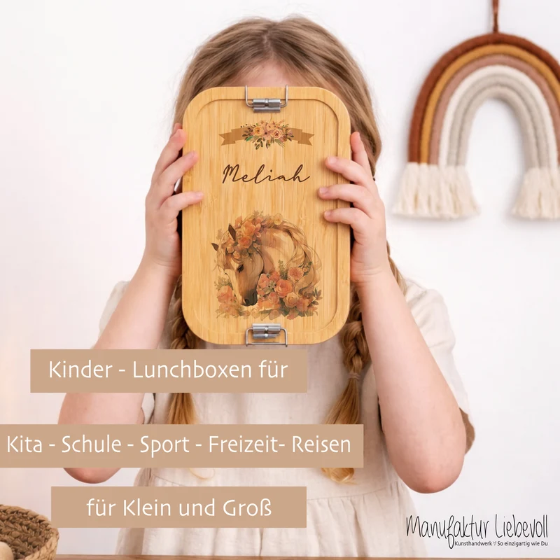Lunchbox "Pony Pferd" wählbar in Edelstahl mit Bambusdeckel und Namen für Mädchen | Brotdose Pferdemädchen | Personalisiertes Geschenk für Kinder