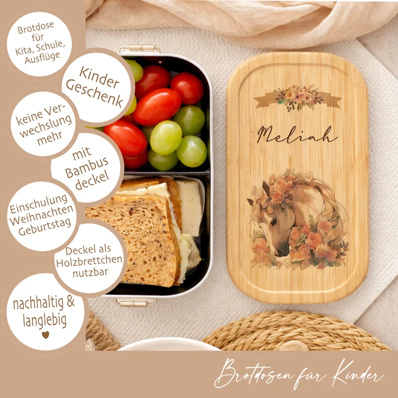 Lunchbox "Pony Pferd" wählbar in Edelstahl mit Bambusdeckel und Namen für Mädchen | Brotdose Pferdemädchen | Personalisiertes Geschenk für Kinder