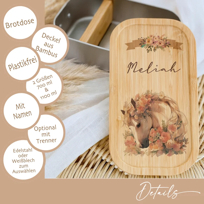 Lunchbox "Pony Pferd" wählbar in Edelstahl mit Bambusdeckel und Namen für Mädchen | Brotdose Pferdemädchen | Personalisiertes Geschenk für Kinder