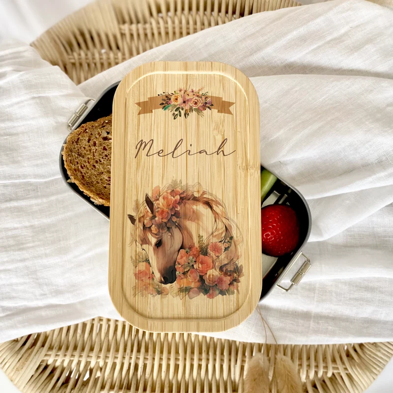 Lunchbox "Pony Pferd" wählbar in Edelstahl mit Bambusdeckel und Namen für Mädchen | Brotdose Pferdemädchen | Personalisiertes Geschenk für Kinder