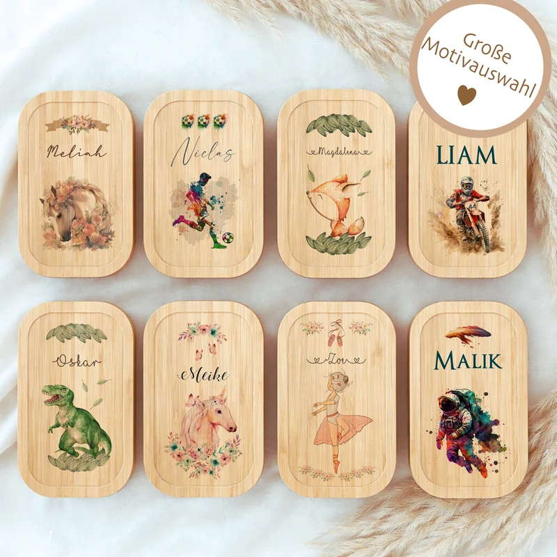 Lunchbox "Pony Pferd" wählbar in Edelstahl mit Bambusdeckel und Namen für Mädchen | Brotdose Pferdemädchen | Personalisiertes Geschenk für Kinder