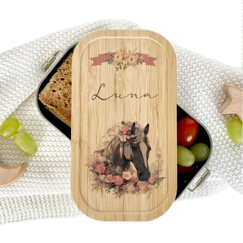 "Pferde" Lunchbox wählbar in Edelstahl mit Bambusdeckel und Namen für Mädchen | Brotdose mit Pony | Personalisiertes Geschenk für Kinder