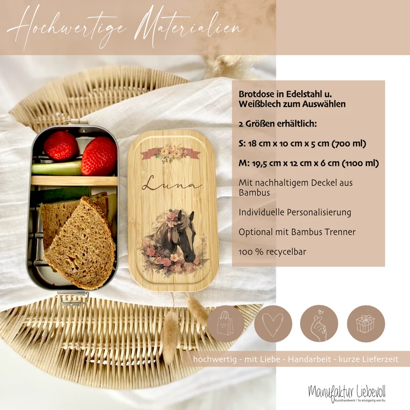 "Pferde" Lunchbox wählbar in Edelstahl mit Bambusdeckel und Namen für Mädchen | Brotdose mit Pony | Personalisiertes Geschenk für Kinder