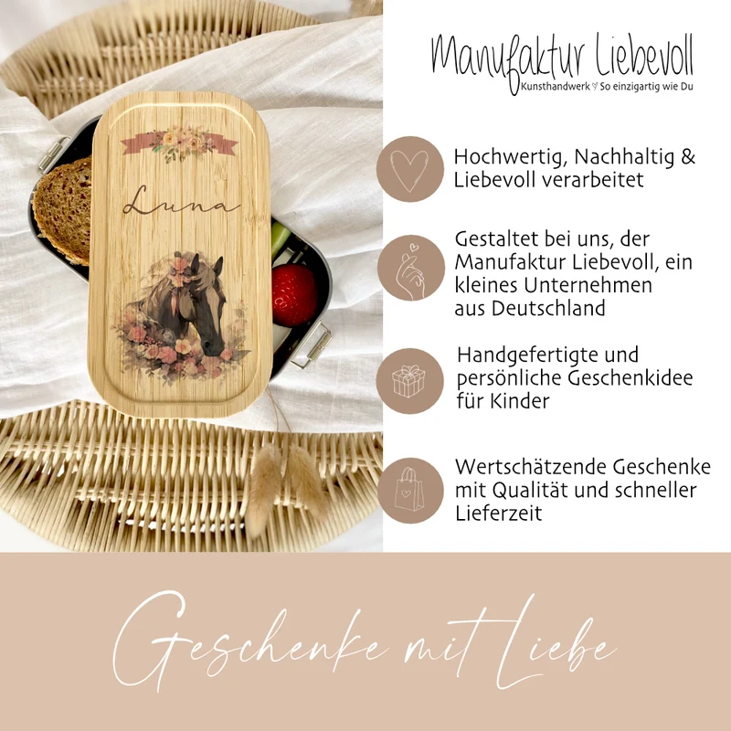 "Pferde" Lunchbox wählbar in Edelstahl mit Bambusdeckel und Namen für Mädchen | Brotdose mit Pony | Personalisiertes Geschenk für Kinder