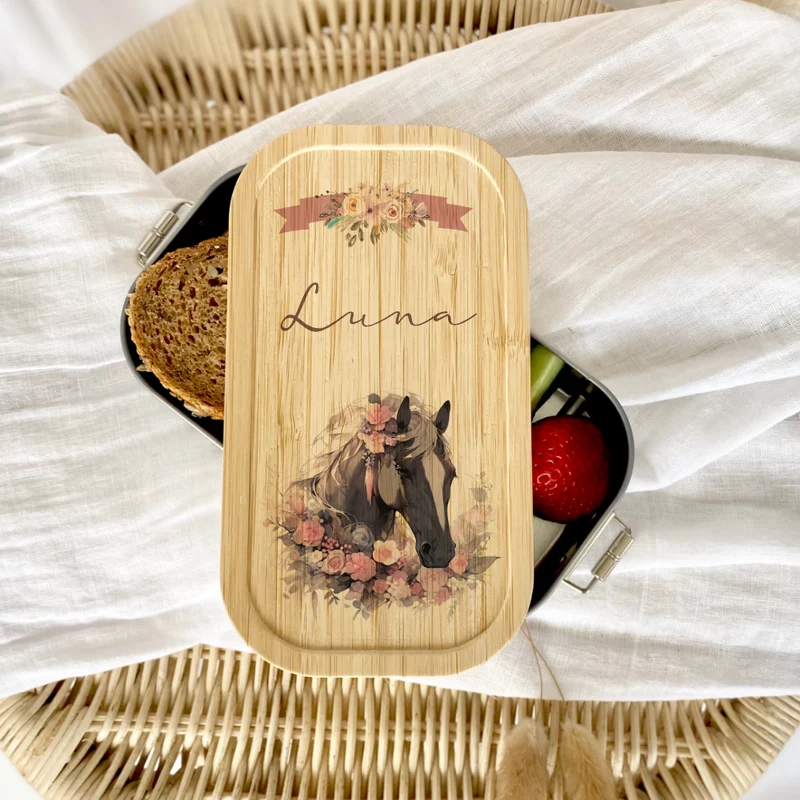 "Pferde" Lunchbox wählbar in Edelstahl mit Bambusdeckel und Namen für Mädchen | Brotdose mit Pony | Personalisiertes Geschenk für Kinder