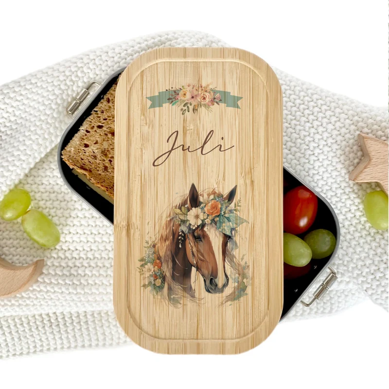 "Pferde" Brotdose wählbar in Edelstahl mit Bambusdeckel und Namen für Mädchen | Brotbox mit Pony | Personalisiertes Geschenk für Kinder