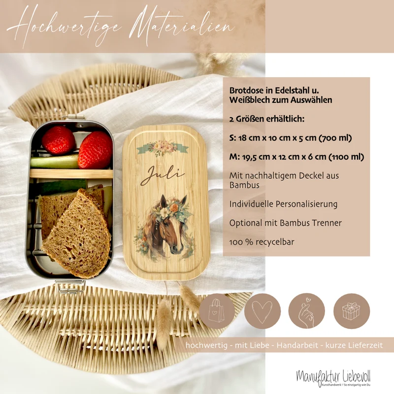 "Pferde" Brotdose wählbar in Edelstahl mit Bambusdeckel und Namen für Mädchen | Brotbox mit Pony | Personalisiertes Geschenk für Kinder