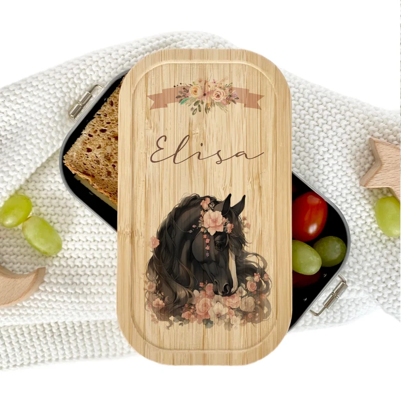 Lunchbox "Pony" wählbar in Edelstahl mit Bambusdeckel und Namen für Mädchen | Brotdose mit Pferde Motiv | Personalisiertes Geschenk für Kinder