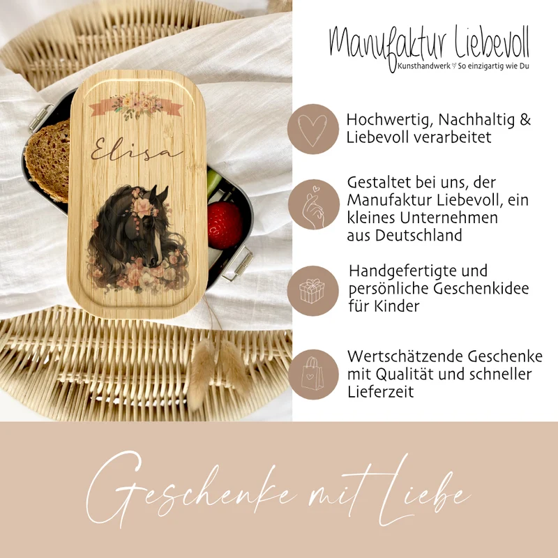 Lunchbox "Pony" wählbar in Edelstahl mit Bambusdeckel und Namen für Mädchen | Brotdose mit Pferde Motiv | Personalisiertes Geschenk für Kinder