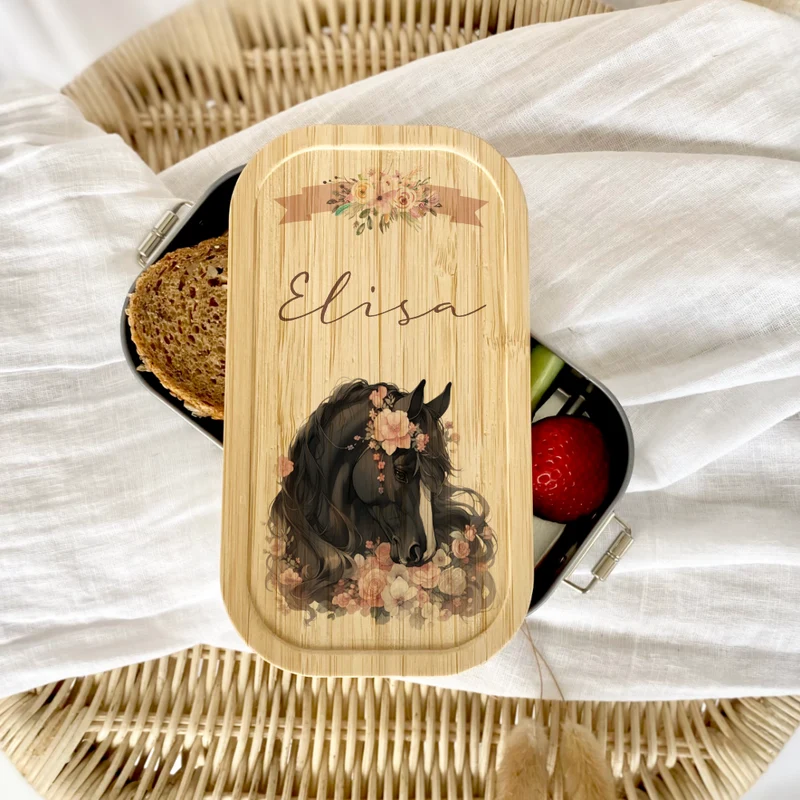 Lunchbox "Pony" wählbar in Edelstahl mit Bambusdeckel und Namen für Mädchen | Brotdose mit Pferde Motiv | Personalisiertes Geschenk für Kinder