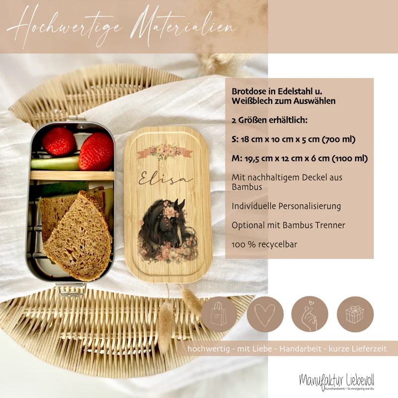 Lunchbox "Pony" wählbar in Edelstahl mit Bambusdeckel und Namen für Mädchen | Brotdose mit Pferde Motiv | Personalisiertes Geschenk für Kinder