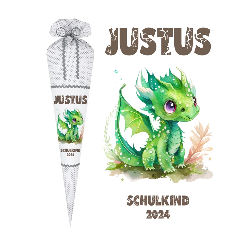Personalisierte graue Stoff Schultüte grüner Drache | Personalisiert mit dem Namen für Jungen | Optional mit Füllkissen und Spitzenschutz