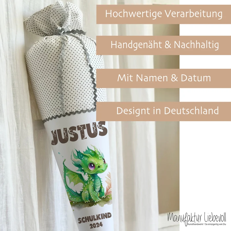 Personalisierte graue Stoff Schultüte grüner Drache | Personalisiert mit dem Namen für Jungen | Optional mit Füllkissen und Spitzenschutz