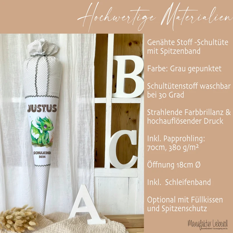 Personalisierte graue Stoff Schultüte grüner Drache | Personalisiert mit dem Namen für Jungen | Optional mit Füllkissen und Spitzenschutz