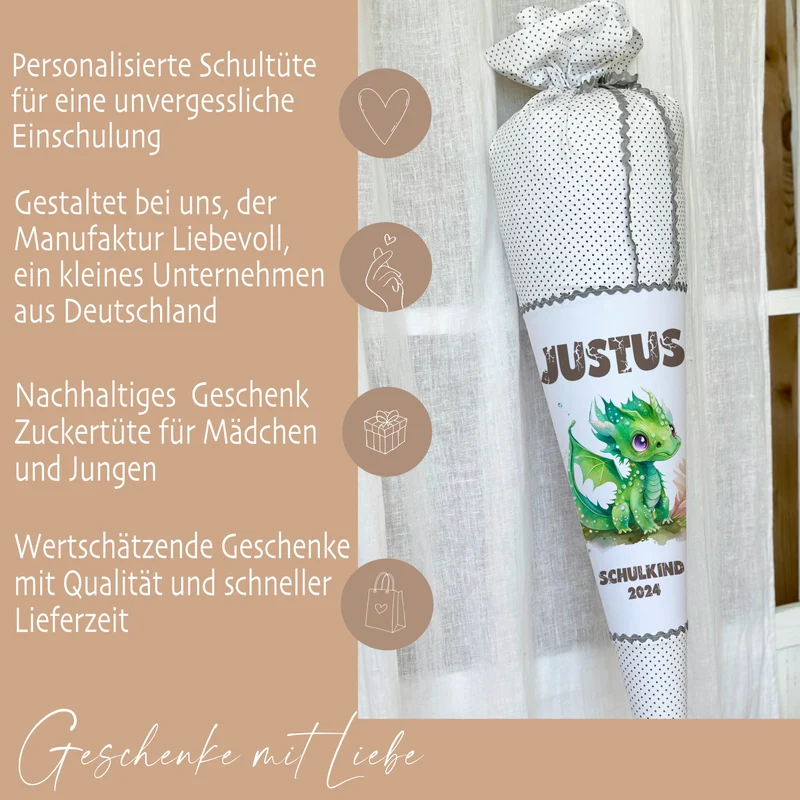 Personalisierte graue Stoff Schultüte grüner Drache | Personalisiert mit dem Namen für Jungen | Optional mit Füllkissen und Spitzenschutz